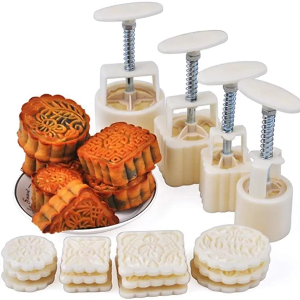 Mooncake Mold Press Moon Cake Stamps Cookie BathBomb Mold, Mid Autumn Festival DIY Hand Press Pastry Tool Mooncake Maker Cutter with 12 Flower Patterns (50g+100g)