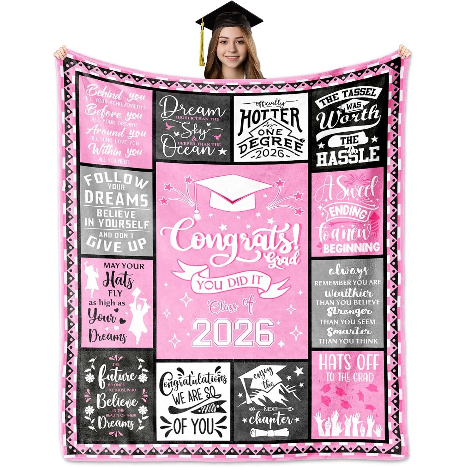 Graduation Gifts for Her Class of 2026, Pink Graduation Blanket for Girls Daughter Granddaughter, Inspirational College High School Grad Throw Blanket, Congratulations Gift