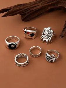 6PCS Vintage Antique Silver Punk Ring Set for Men & Women, Gothic Skull Clown 8 Ball Poker Chain Stackable Finger Rings, Hip Hop Y2K Cool Street Adjustable Open Band Jewelry Couple Gift