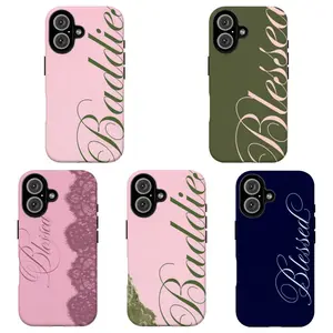 FL-Coquette Baddie Blessed Cursive Lace Smartphone Case, Minimal Pastel Solid Color Aesthetic Shockproof Protective Shell, Custom Handheld Mobile Accessory For iPhone 11-17 Air Pro Max & Samsung S21-S26, Girly Gift
