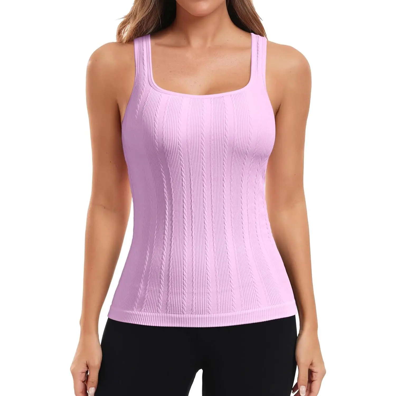 Ribflex Workout Tank Tops for Women Seamless Full Length Gym Tops Athletic Yoga Top Built in Bra