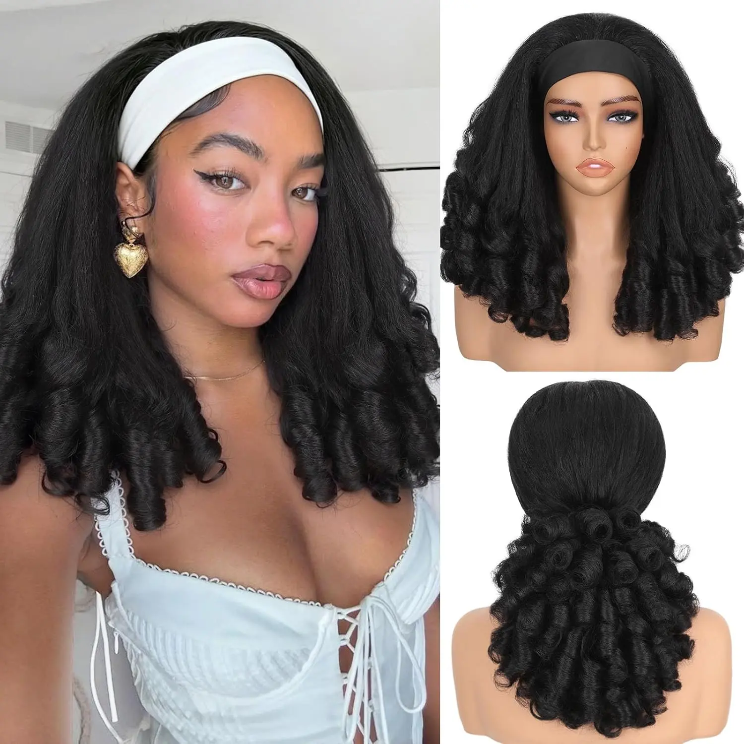 Yaki Curly Headband Wig for Black Women 16 Inch Black | Full Volume Glueless Wear and Go Wig, Lightweight Breathable Synthetic Wig, Changeable Headband, Protects Edges