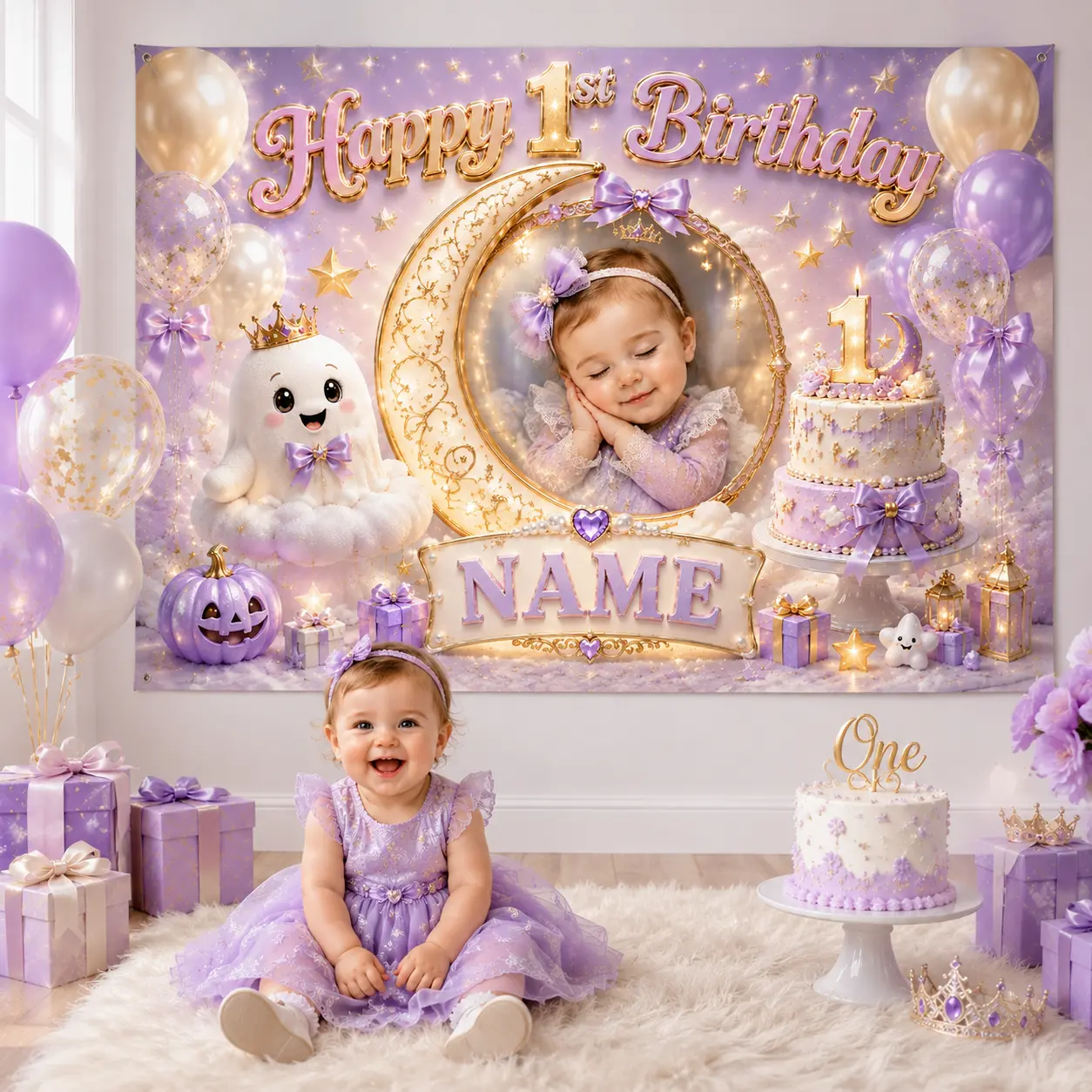 Personalized Lavender Moon and Stars 1st Birthday Backdrop with Photo and Name, Celestial Balloon and Cake Party Decor