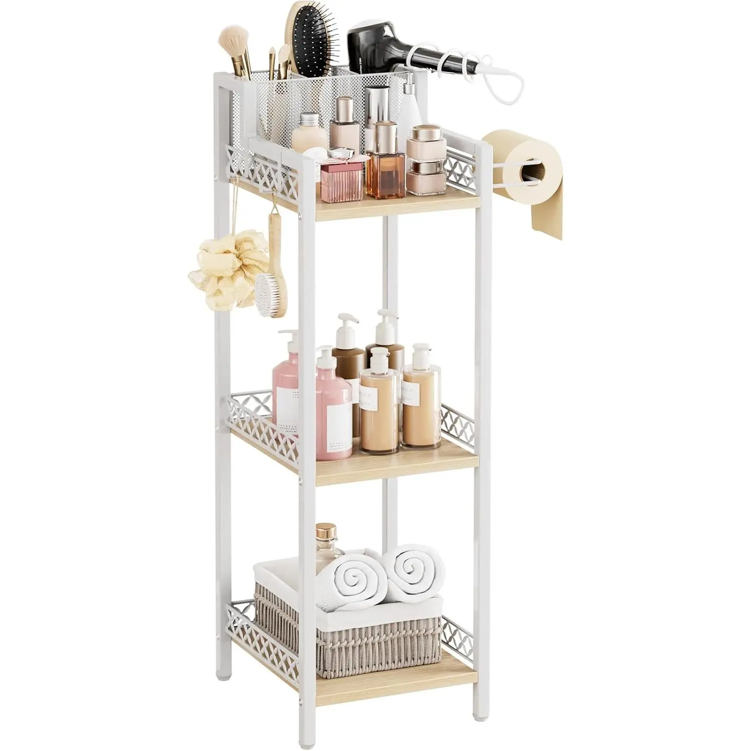 Slim Bathroom Storage Shelf Unit, 3 Tier Corner Storage, Rustic Makeup Organizer, Space-Saving Floor Standing Storage Shelves for Bathroom, ,Kitchen, Laundry 9.85in Matte White