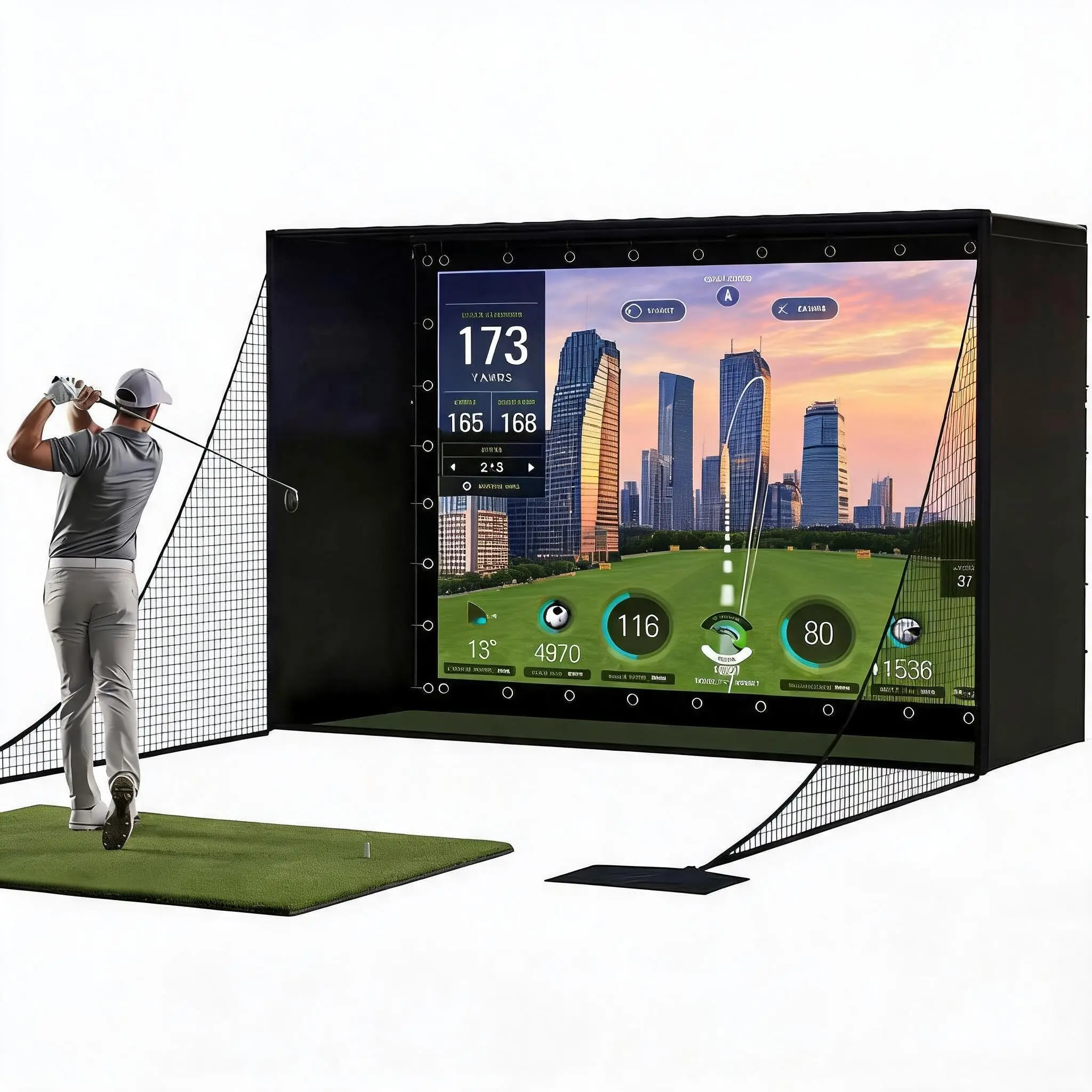 Golf Net 8.5Ft Heavy Duty Golf Practice Nets Golf Simulator Enclosure Package, 4K-Ready Impact Screen for Backyard Chipping Indoor Outdoor Training