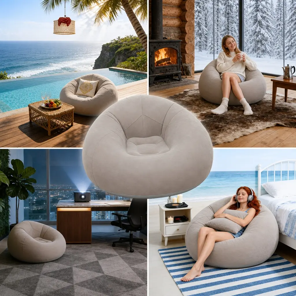 1pc Extra Large Inflatable Lazy Flocking Sofa Chair, Gray PVC Material, Portable And Foldable, Ergonomic Design. Available in Four Seasons. Very Suitable for Various Home Scenarios: Living Room, Balcony, And Outdoor Camping