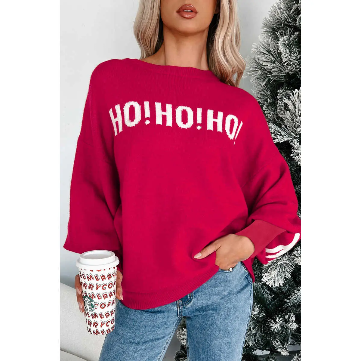 Fiery Red HO HO HO MERRY CHRISTMAS Drop Shoulder Loose Sweater