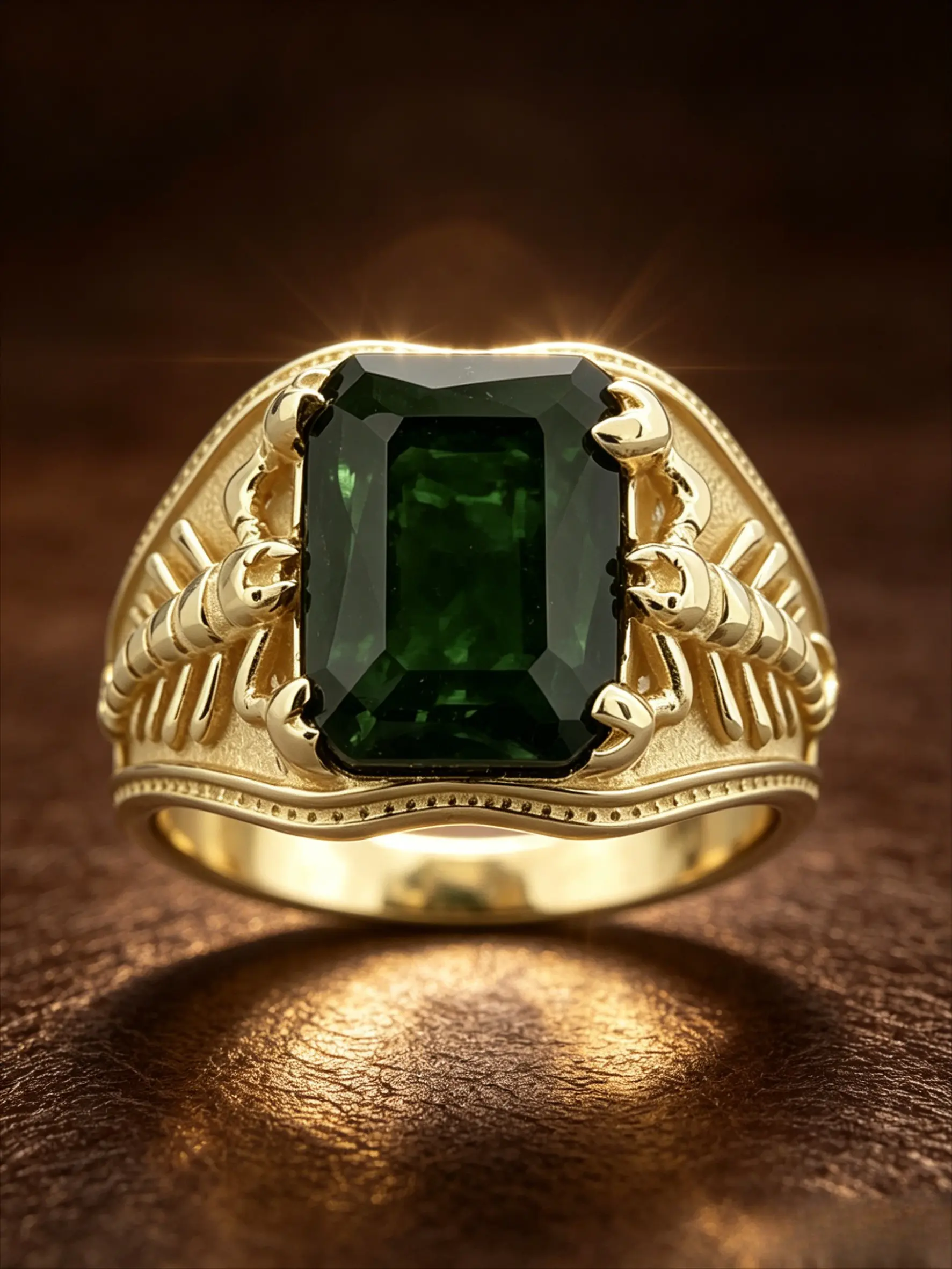 18K Gold Plated Stainless Steel Men Scorpion Signet Ring, Elegant Fashion Rings, Rectangle Emerald Green Cubic Zirconia, 3D Scorpion Embossed Wide Band, Hypoallergenic Tarnish Resistant Gothic Lucky Jewelry Gift For Men, Beautiful Rings