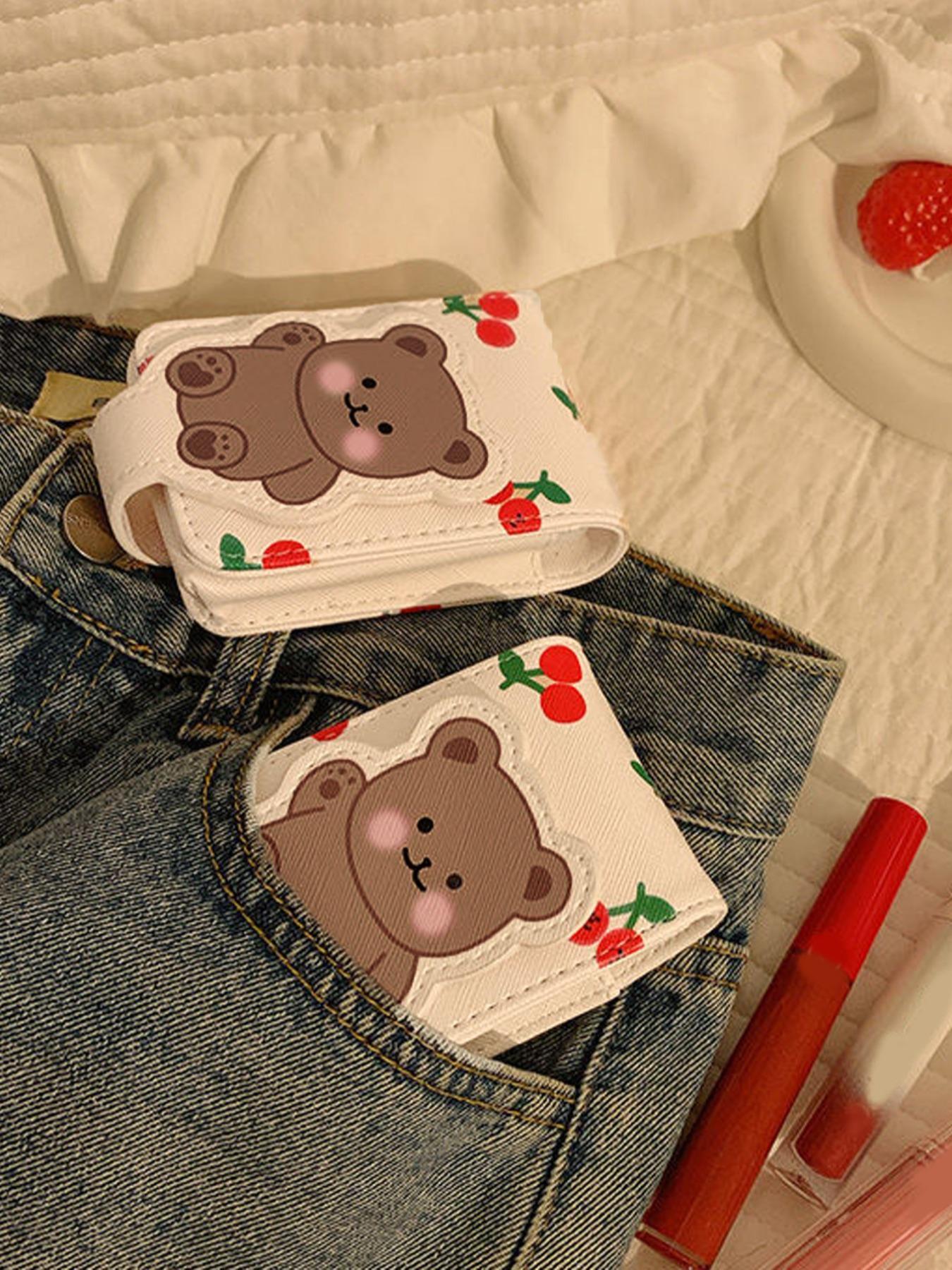 Father's Day Gifts, Cute Cartoon Bear & Cherry Pattern Makeup Bag with Mirror, Back To School, Portable Travel Makeup Bag, Cosmetic Storage Bag, Makeup Organizer Pouch for Women & Girls,