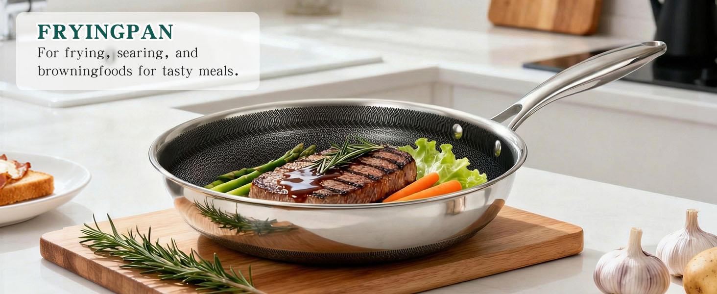 14-Piece Hybrid Stainless Steel Cookware Set, Non-Stick Pots and Pans Set with 3 Silicone Trivets| Induction Compatible Frying Pans, Saucepans, Saute Pan & Stock Pot| Oven Dishwasher Safe