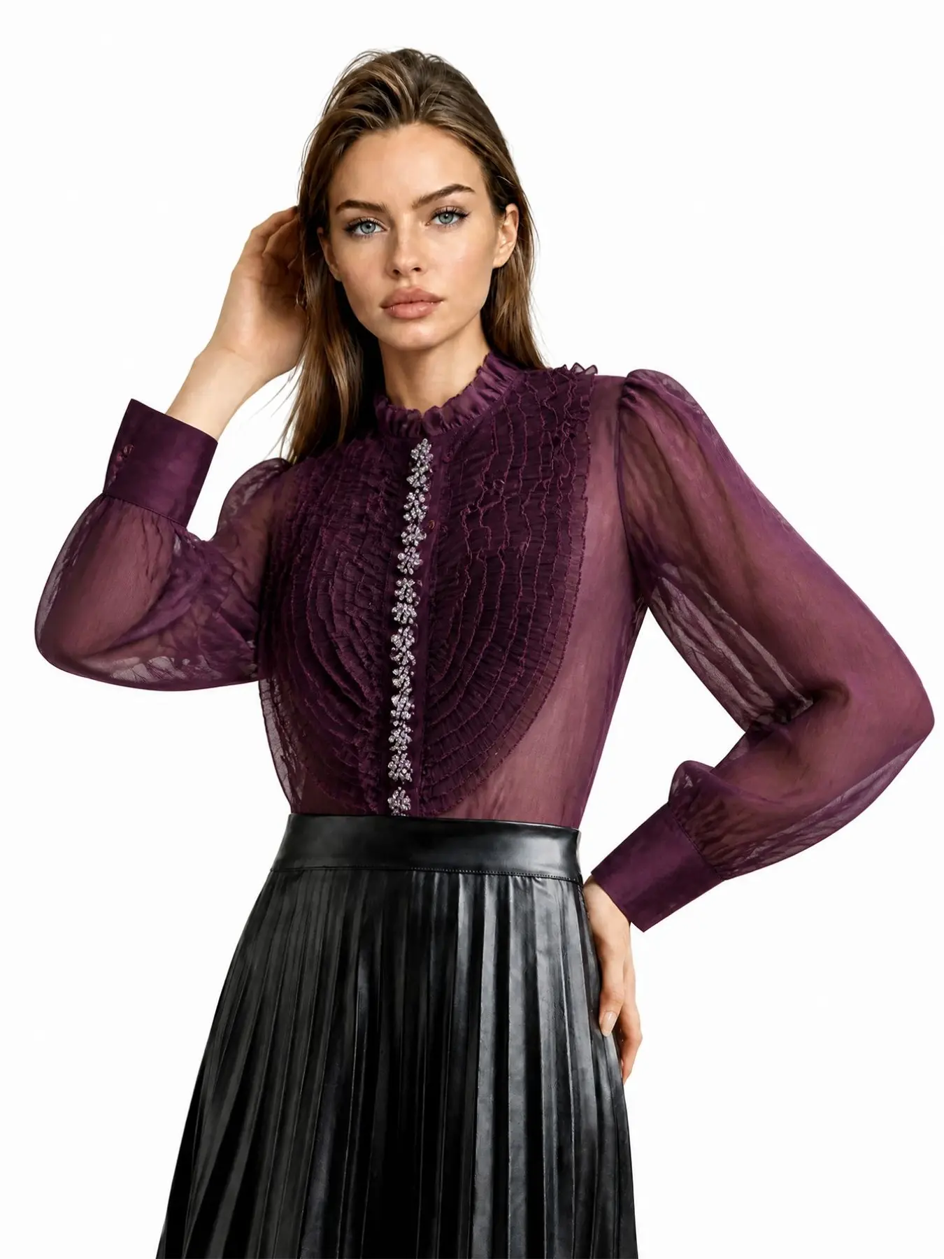 Elegant Women's Spring Valentine Party Blouse, Ruffled Stand Collar Lace Floral Shirt, Fall Autumn Winter Casual Chic New Year Christmas