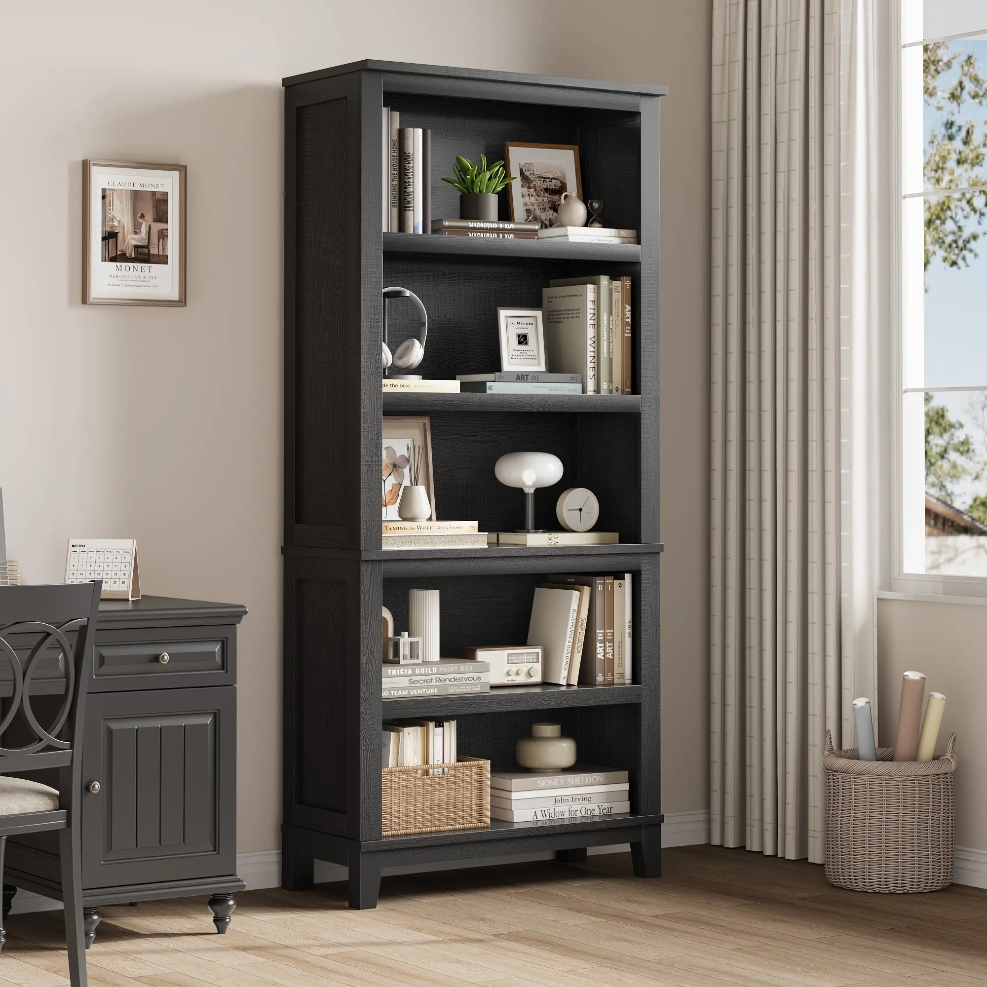 Sturdy 71" Farmhouse Bookshelf - 5 Adjustable Shelves, Solid Wood Frame, Large Storage Capacity for Living Room, Office, or Library, Easy Assembly