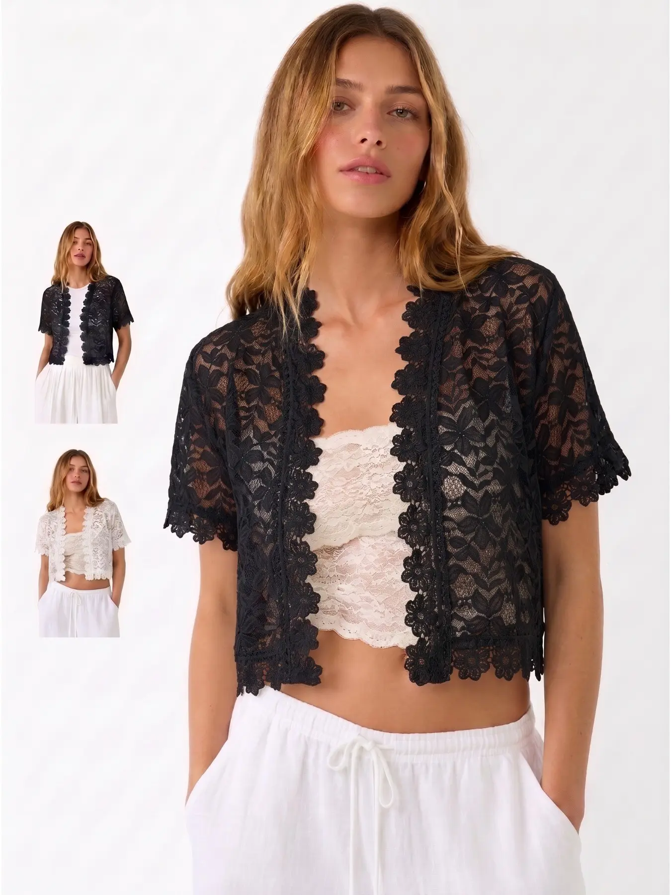 Women Elegant Short Sleeve Lace Jacket, Chic Lightweight Outerwear for Party Occasions