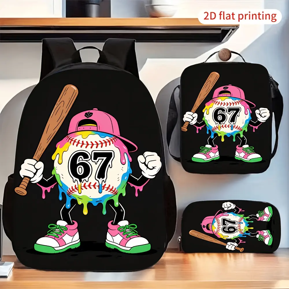 3pcs Baseball-Themed Backpack with Lunch Box & Pencil Case Suitable for, Travel, Daily Use - Lightweight Bookbag with Number 67 Print, Adjustable Straps, Lunch Box Holder for And