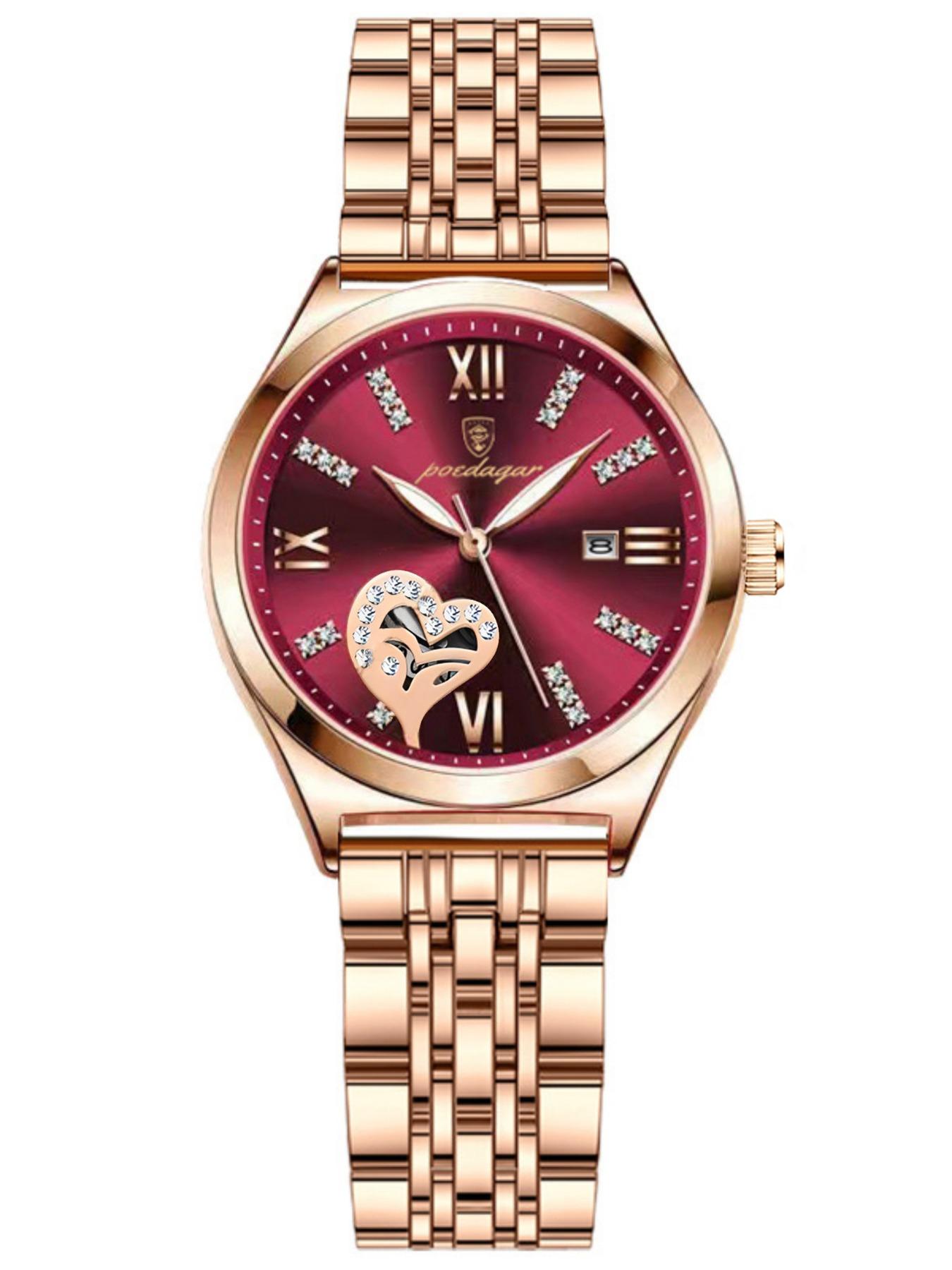 Women's Rhinestone Decorated Heart Design Quartz Watch, Fashionable Waterproof Luminous Analog Watch for Women & Girls, Trendy All-match Watch for Birthday Gift without Box, Casual Trendy Wristwatch, Fashionable Stylish Watch