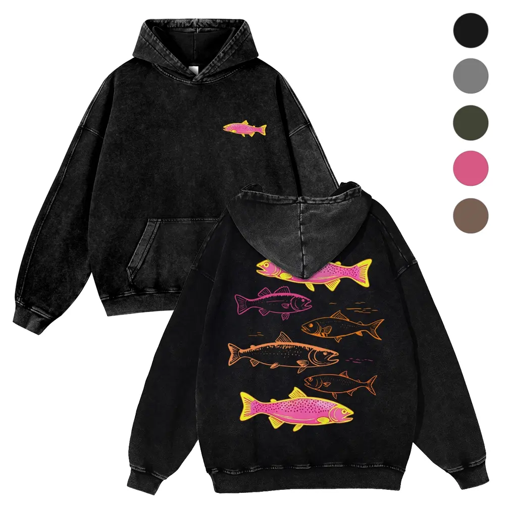 [ DTG Print ] Holafish Heavyweight Cotton Hoodie Streetwear, Retro Acid Wash Neon Trout Fish Dual Side Graphic Printed Unisex Fashion 380g Autumn VIntage Washed Hoodie Graphic Sweatshirt