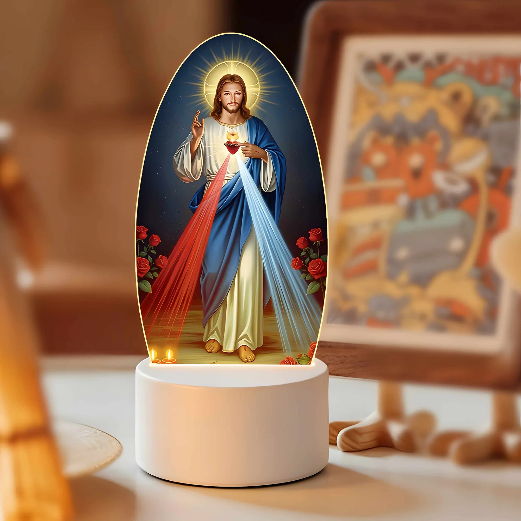 Stainless Steel Jesus Crystal Night Light, Religious Home Decor Lamp, USB-Powered LED Single Color Warm Light, Indoor Bedroom Gift