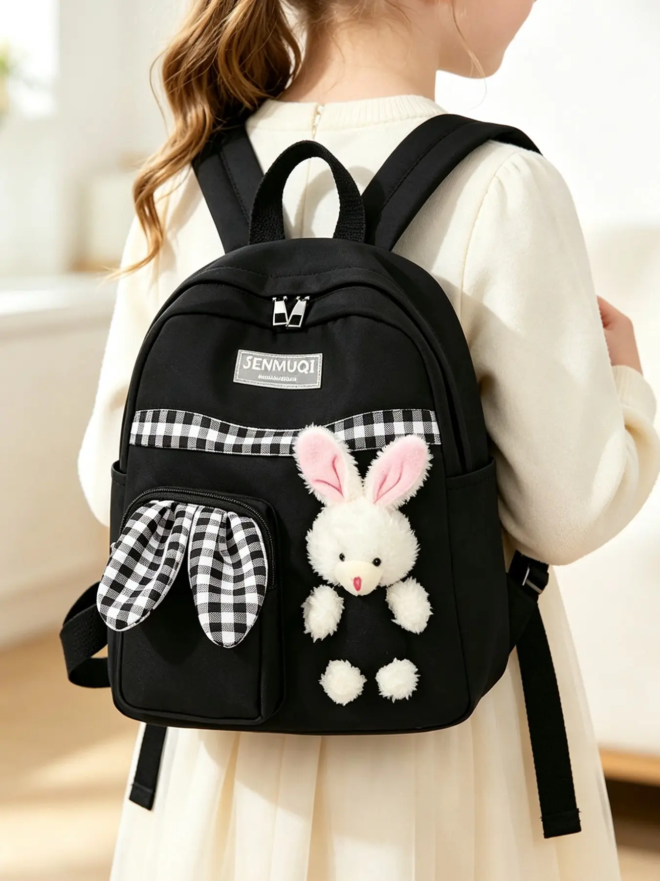Cute Bunny Doll Backpack, Plaid Patch Pocket Design, Lightweight Waterproof Nylon, Large Capacity Multi-Layer Bag for Students and Girls, Kawaii Backpack