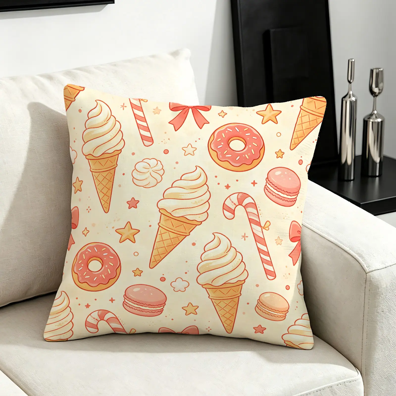 45x45cm 1 Piece Macaron Dessert Cartoon Printed Throw Pillow, Machine Washable Skin-Friendly Fabric, Sweet Hand-Drawn All-Over Trendy Print, High-Resilience Soft Filling, Decorative Cushion Suitable for All Crowds and Scenarios (Pillow Insert Included)