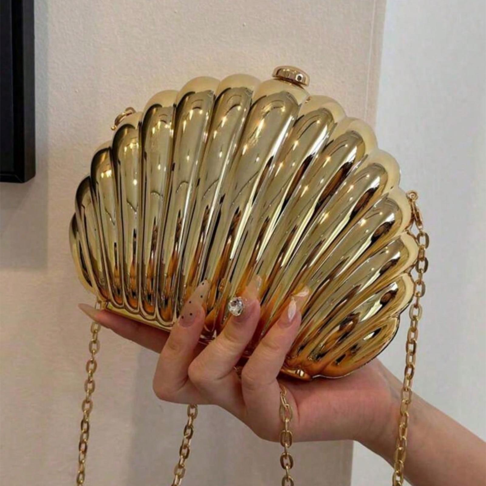 Mini Shell-Shaped Fashion Laser Metal Clutch, Vintage Metal Frame Chain Shoulderbag Crossbody Bag, Suitable For Women Formal Dinner, Going Out, Dating, Shopping, Elegant Shell Purse Perfect For Parties Weddings Dinners & Banquets Matches Wedding Dresses