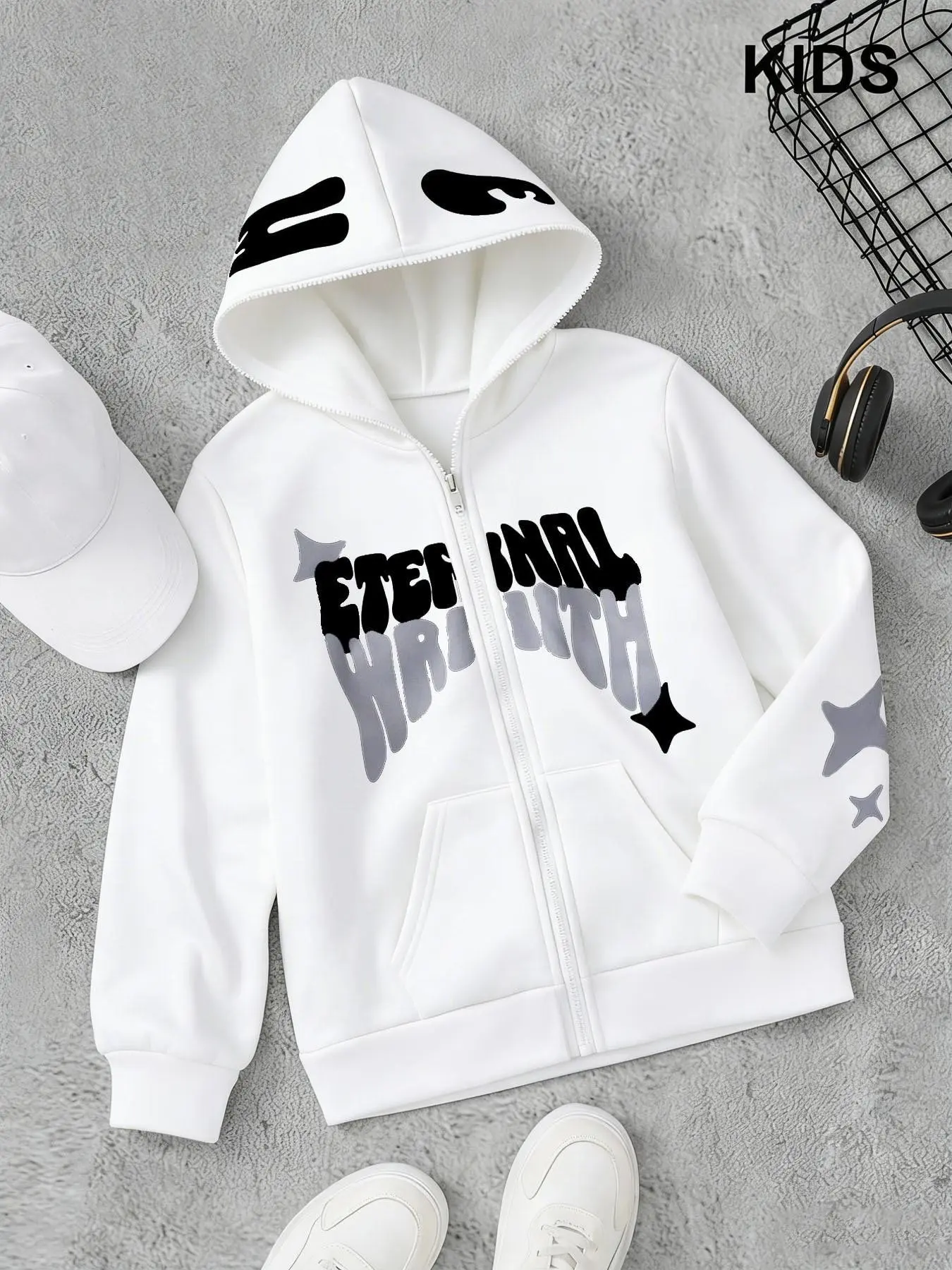 Men's Black Graphic Zip-Up Hoodie, Oversized Long Sleeve Jacket with White Eye Prints, Gradient Letter Graphic, Sleeve Stars, Full Zipper and Front Pockets, Retro Y2K Streetwear for Campus Looks, Travel, Parties, Layering, and Casual Outfits