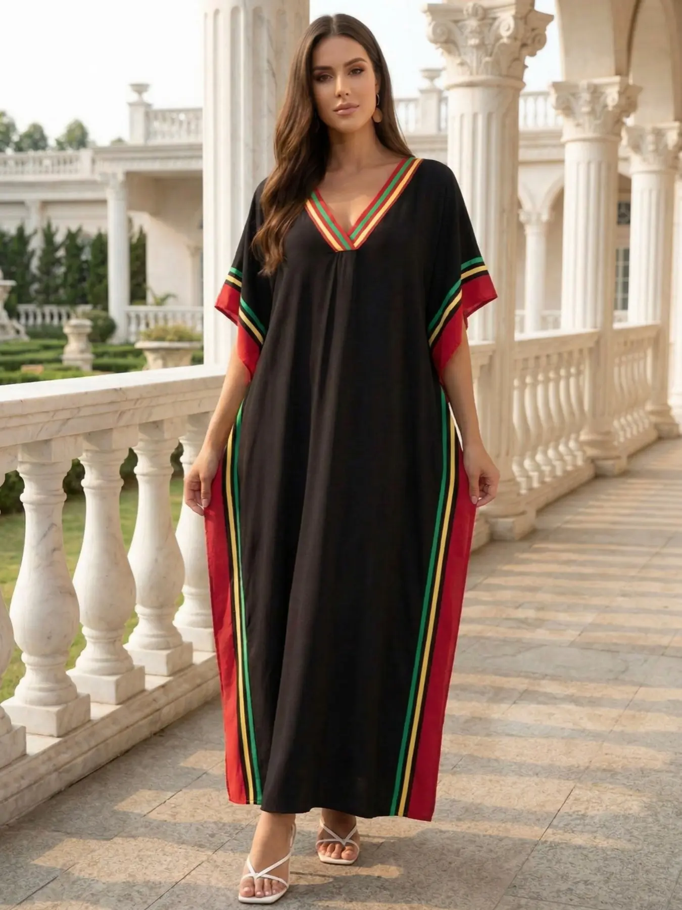 EDOLYNSA Striped kaftan dress cozy house robe muumuu outfits Moo Moo Dress vacation relaxed beach wear leisure wear versatile cover up daily wear Homewear Q1615