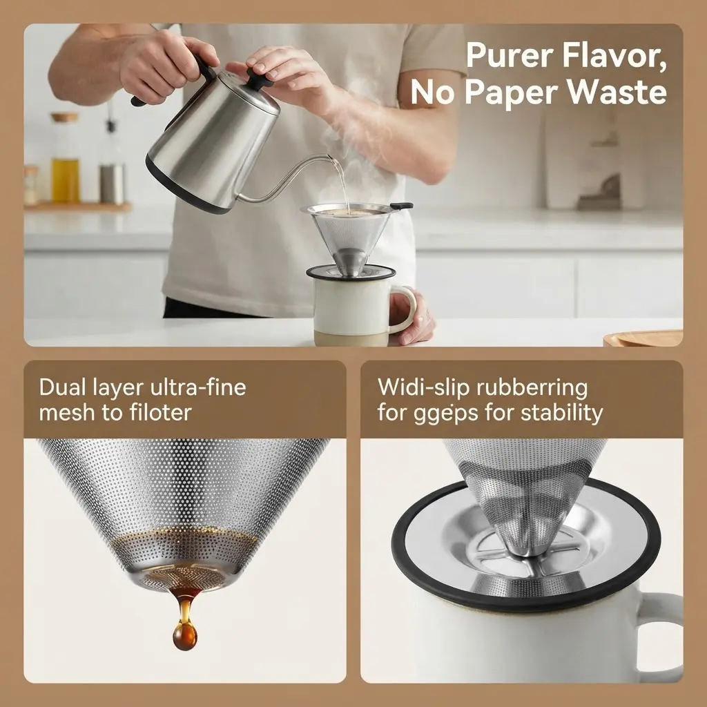 Pour Over Coffee Dripper, Stainless Steel Coffee Filter, Paperless Reusable Coffee Filter, Double Micromesh 600 Mesh Strainer Coffee Maker with Heat-Resistant Silicone Handle & Base