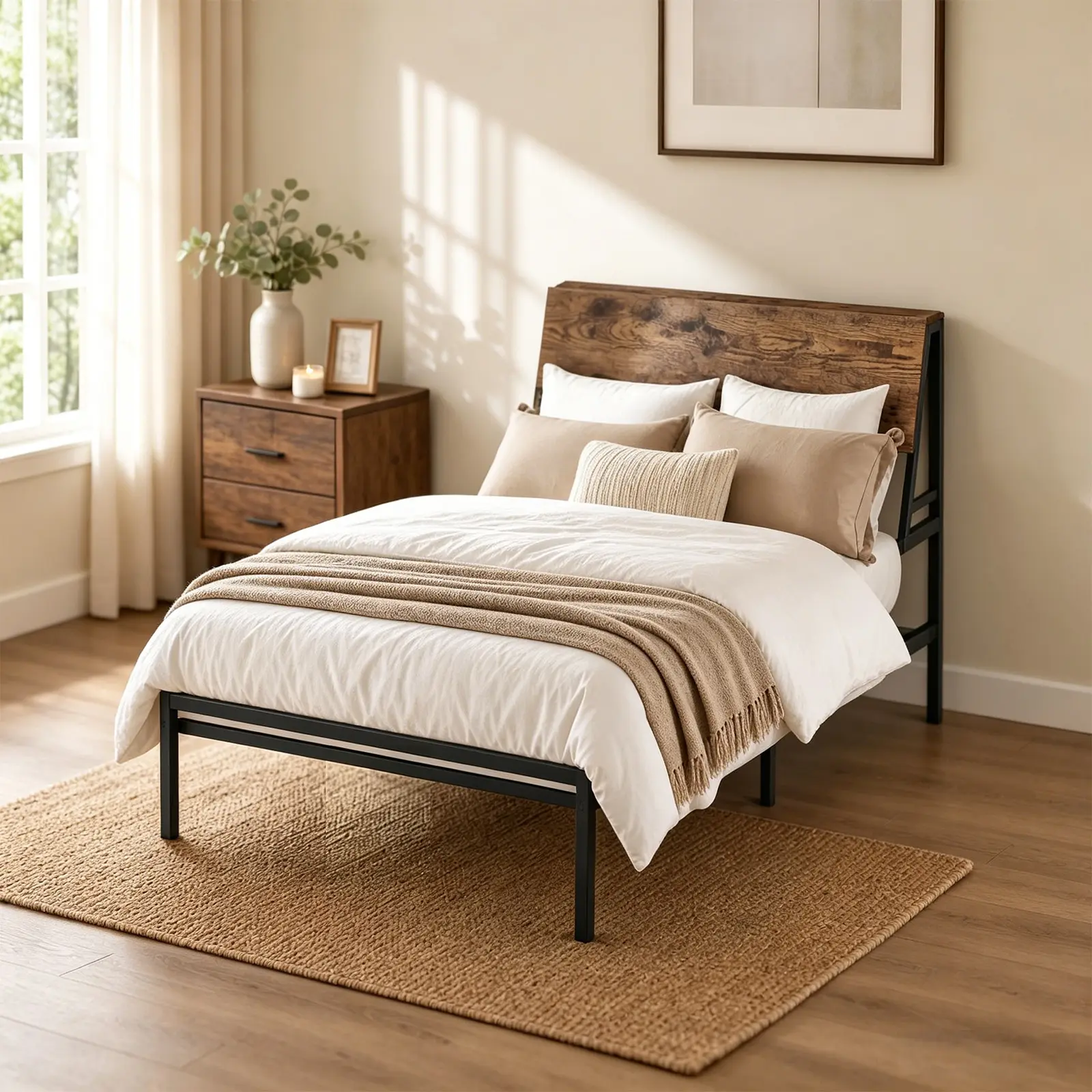 Twin/Full/Queen Black Metal Platform Bed Frame with Vintage Wood Headboard, Sturdy Quiet Design, Under-Bed Storage, No Box Spring Needed, Easy Assembly