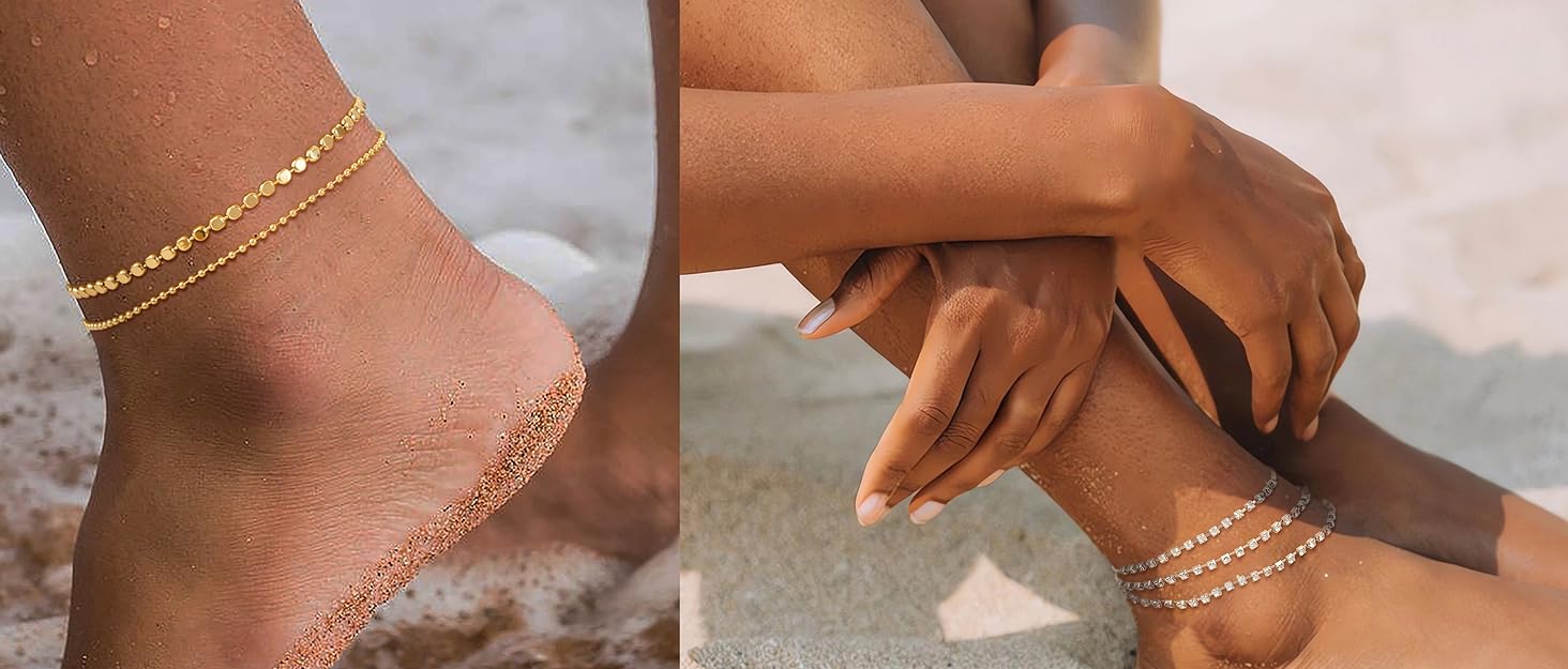 TEWIKY Dainty Layered Waterproof Anklet For Women Adjustable Womens Anklet Set Stackable Figaro BeadedCuban Link Spring Fashion Anklets Beach For Summer