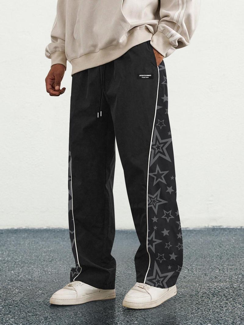 Men's Letter Patchwork Pants with Stripe & Drawstring Design, Casual Loose Pocket Trousers for Daily Wear, Fashion Men's Bottoms for All Seasons