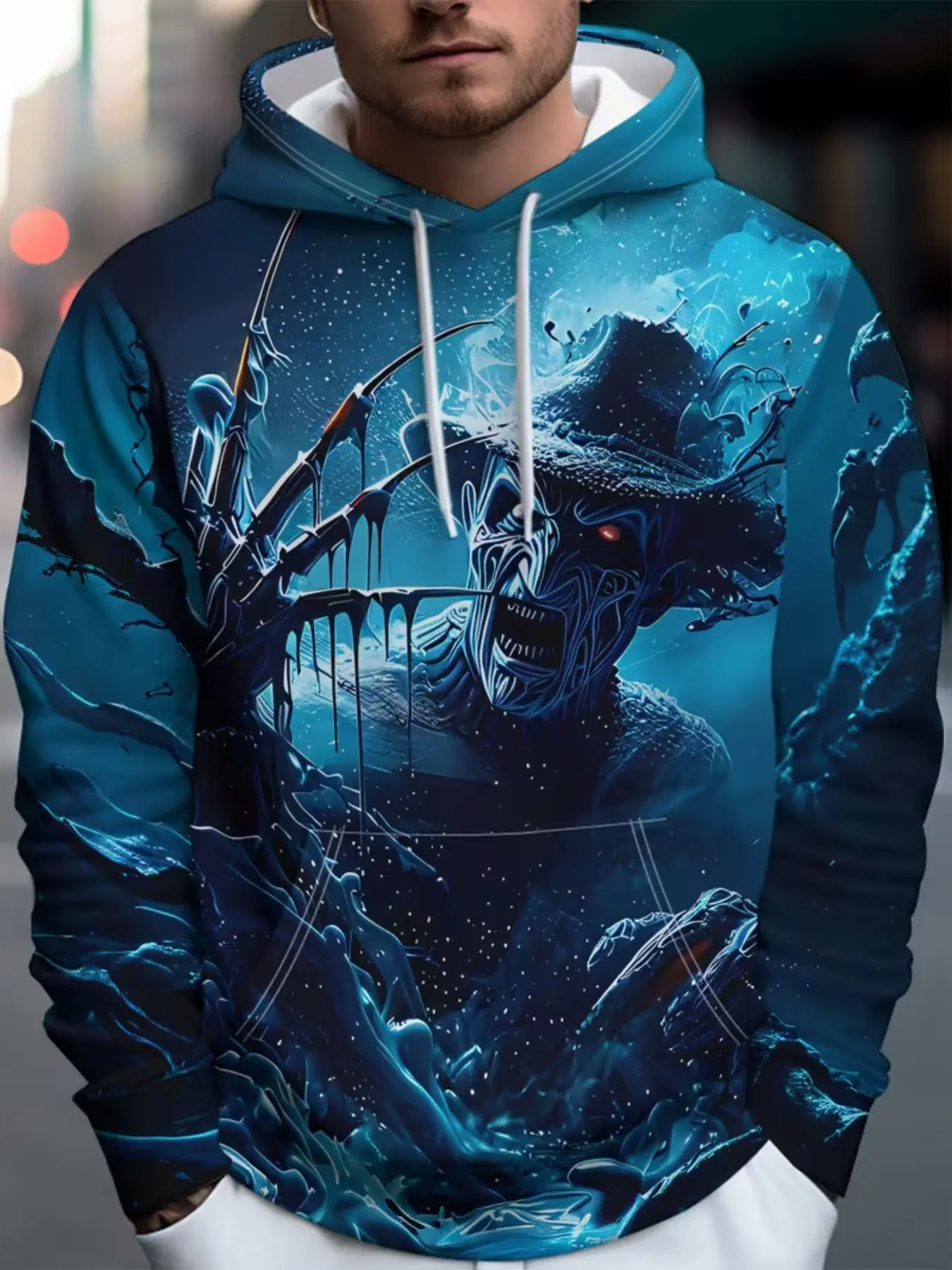 Men's Street Style Hooded Sweatshirt, Blue Nightmare Monster Design, Casual Fitted Pullover, All Seasons Wear, Artistic Pattern, Drawstring Hat