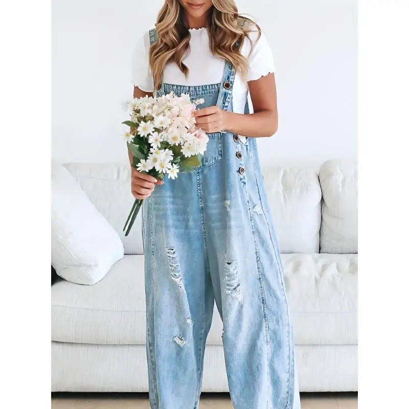 Women's Distressed Denim Overalls - Adjustable Strap Dungaree Cotton Polyester Jumpsuit Casual Womenswear Outfit