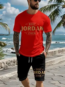 Two-piece set with 3D digital print featuring navy base, golden vintage frame lettering, simple commuter and casual design, 2Pcs, trendy fashion suit, trendy vintage casual two-piece outfit, trendy vacation-style wear, breathable sports casual style, an i