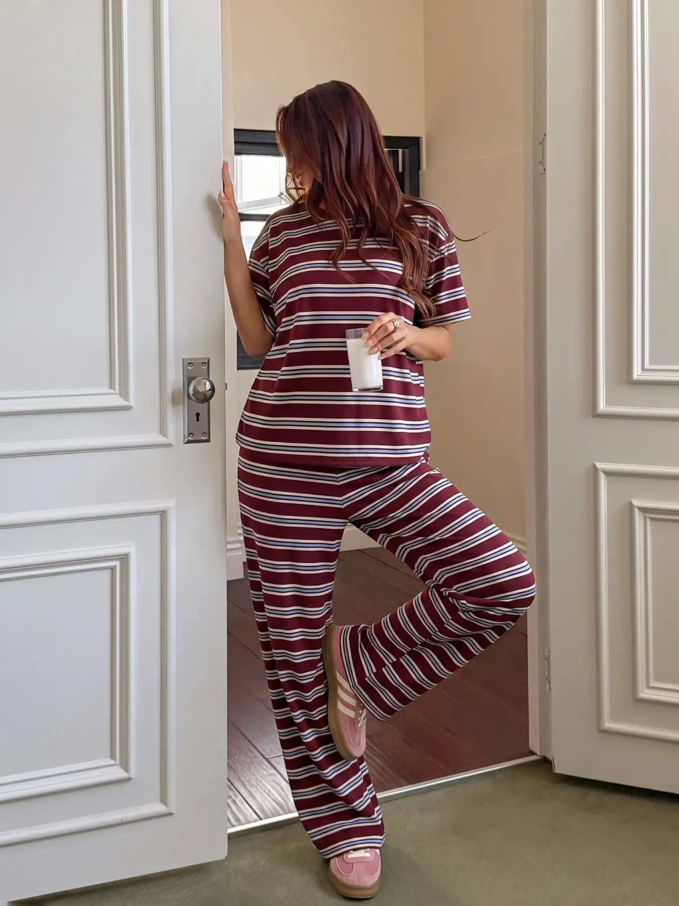 Casual Striped Women Pajama Two Piece Set, Pj Sets, Short Sleeve Top & Flare Wide Leg Long Pants Loungewear, Soft Loose Sleep Outfit, Relaxed Home Clothing Suitable For Daily Rest And Light Outdoor Walk #springsaledeals2026 #summeroutfits #casualwome