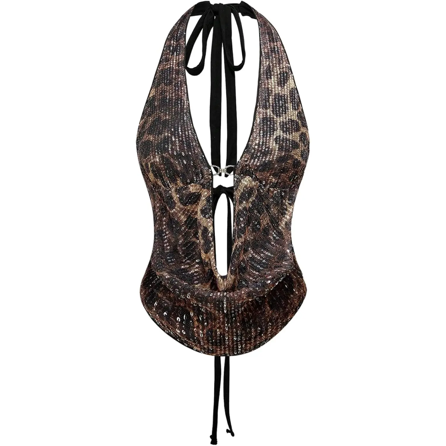 Verdusa Women's Cheetah Print Sequin Top Y2K Tie Back Corset Halter Going Out Crop Tops