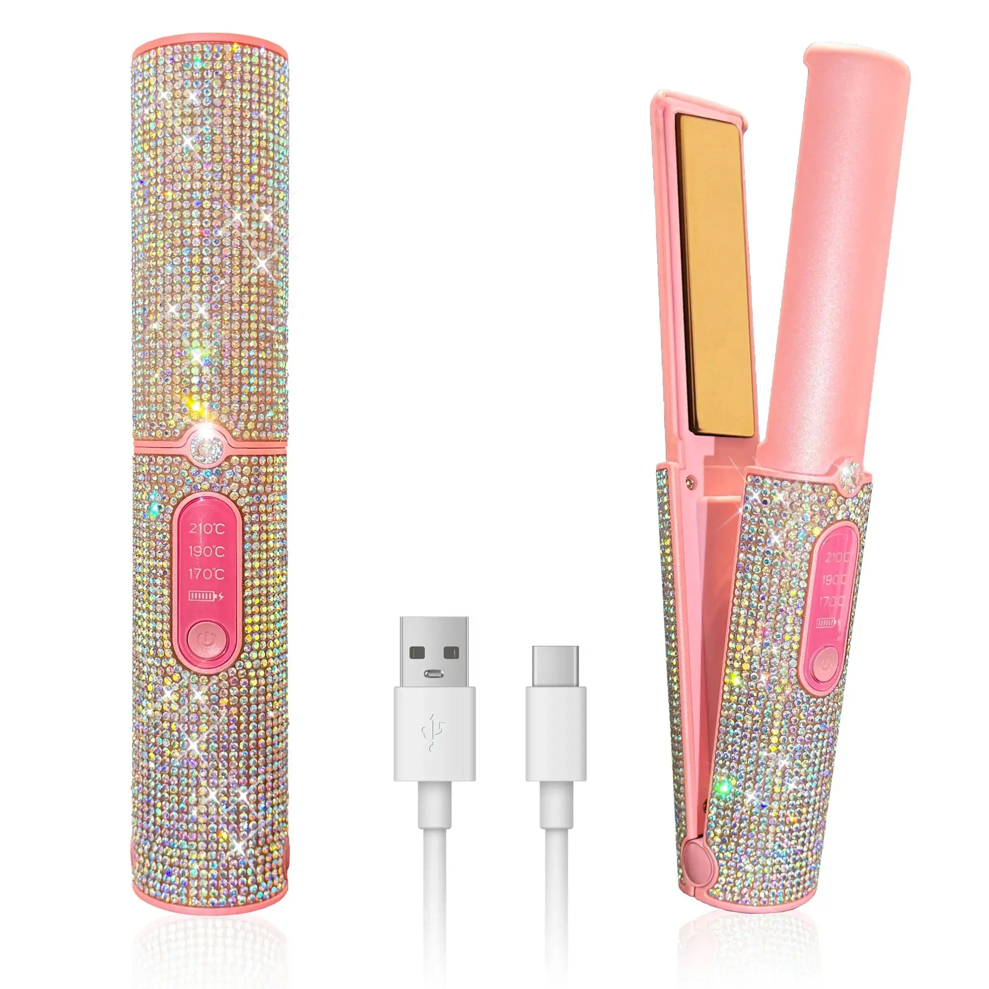 Rhinestone Cordless Hair Styler, Portable 2-in-1 Mini Hair Straightener & Curler, USB-C Rechargeable Smooth Styling Tool for Women with Fast Heat Up & 3 Adjustable Temperature Settings, Adjustable Hair Straightener