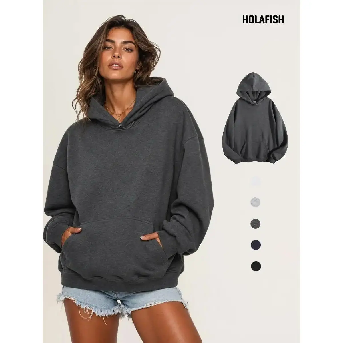 Holafish Women's Oversized Fleece Hoodie Solid Color Long Sleeve Pullover with Kangaroo Pocket Casual Streetwear for Weekend Lounging Fall Essential