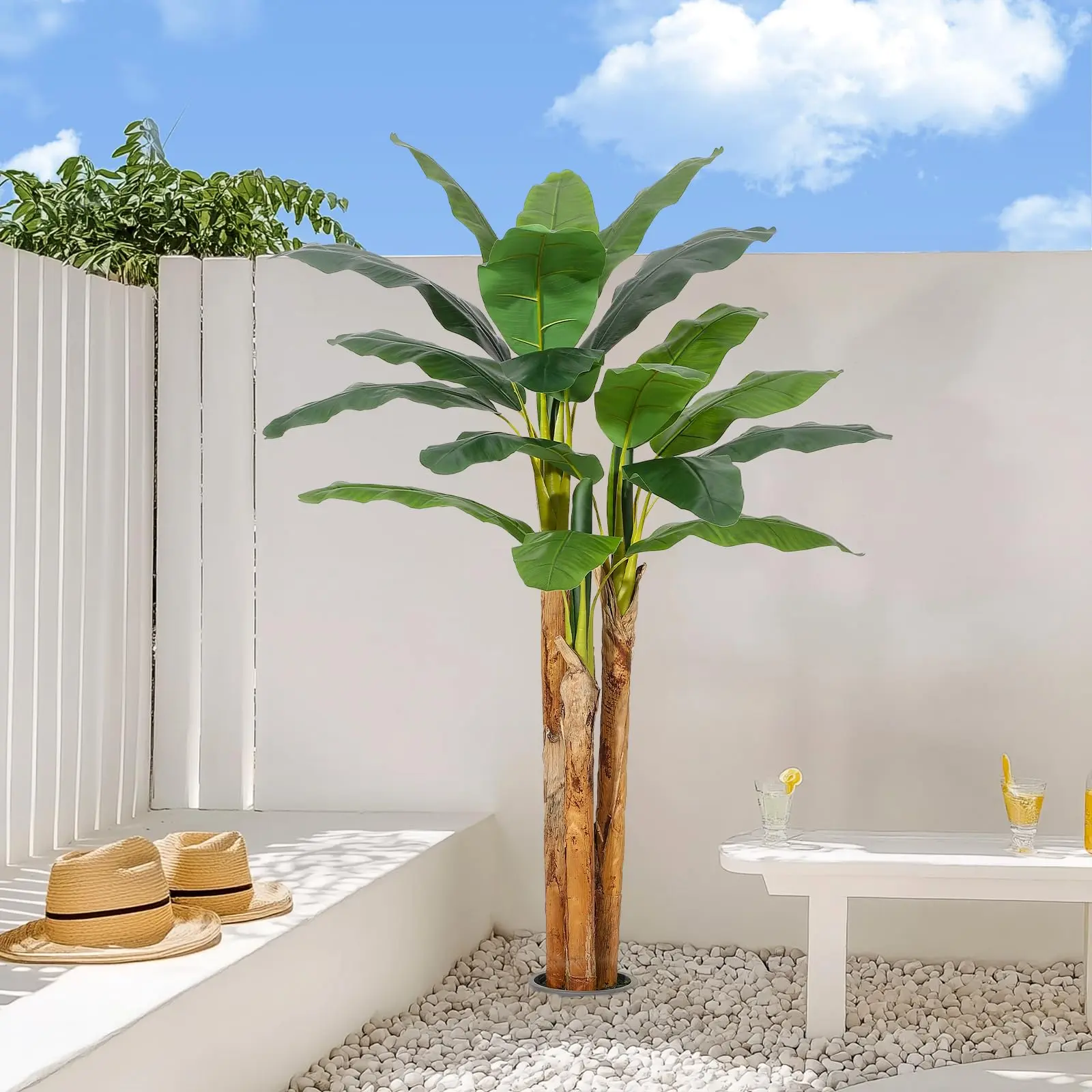 5-7ft Artificial Banana Tree with Grey Planter – Tropical Faux Silk Plant with Lush Green Leaves, Perfect Poolside or Patio Decor for Indoor & Outdoor Spaces