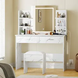 Garvee Makeup Vanity Desk with Mirror and LED Lights, Makeup Vanity Set with Power Outlet, Cushioned Stool, 3 Adjustable Light Colors, 2 Drawers and 6 Storage Shelves for Bedroom, Marble White