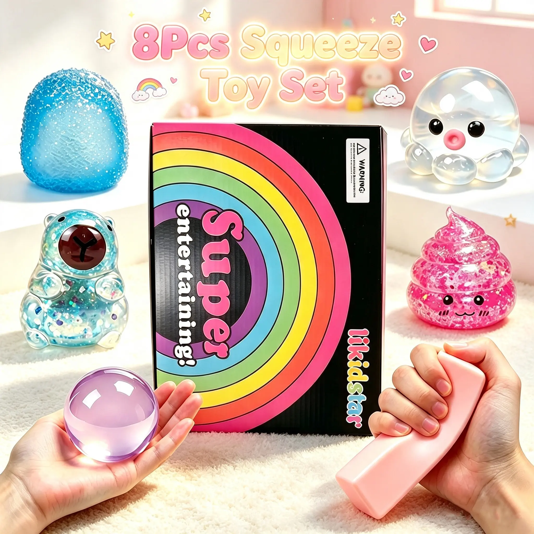 8Pcs Squeeze Toy Set, Colorful Glitter Sensory Stress Balls for Anxiety Relief, Suitable for Kids and Adults, Fidget Party Favor Bag Fillers for Boys and Girls