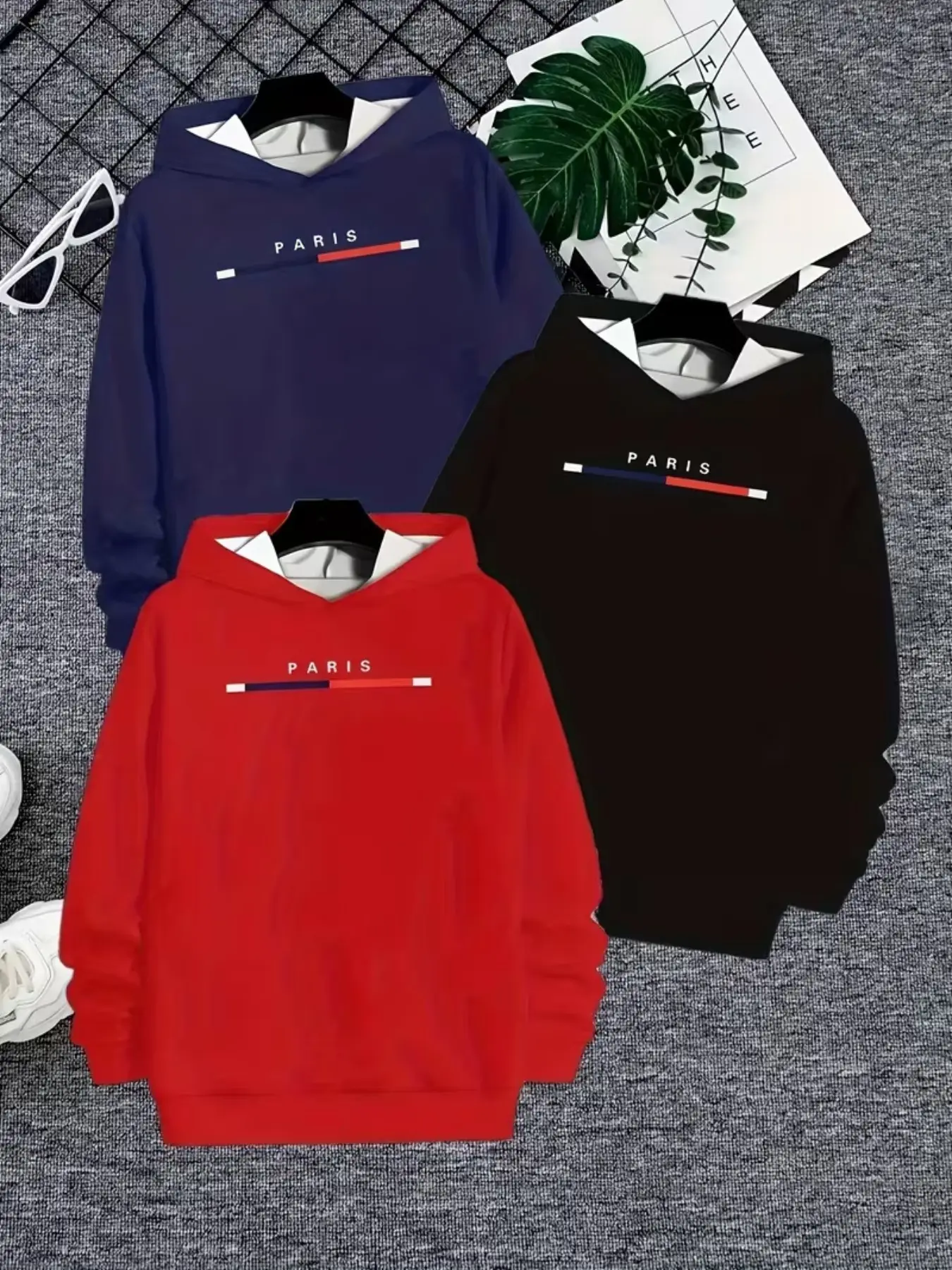 3 Piece Set Boys Casual Pullover Hoodies, Striped Fitted Top Without Zipper, Spring & Fall Outdoor Wear, Comfortable Kids Clothing