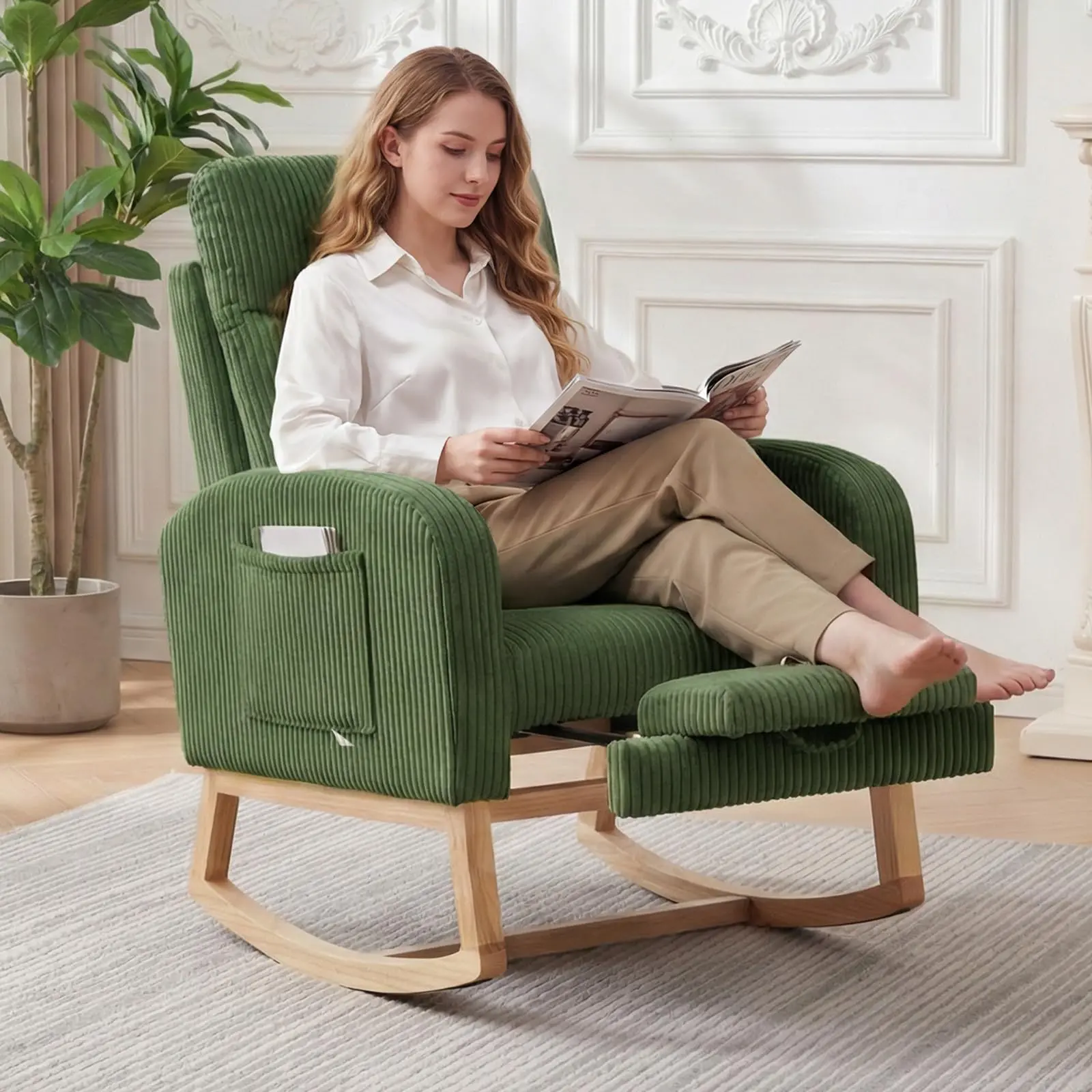 Glider Rocking Chair, High Back Comfy Rocking Chair with Foot Pedal and Side Pocket, Modern Upholstered Accent Rocking Chair