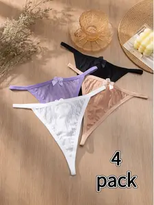 Elegant Invisible Sexy Thongs, Semi-Transparent Wheat Pattern Cutout Low-Waist Panties, 4-Pack, All Seasons, Cute Style