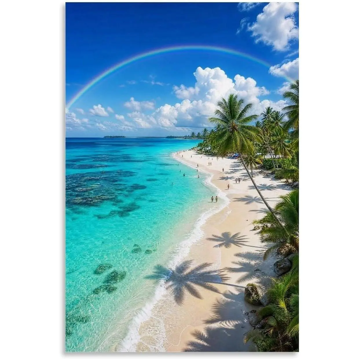 Tropical Palm Beach With Rainbow Over Turquoise Ocean Canvas Wall Art Poster, Bright Coastal Island Scenery Print, Summer Vacation Landscape Artwork Decor for Beach House