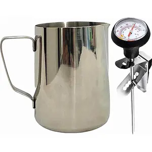 Milk Frothing Pitcher for Coffee, Barista Frother Cup,Steaming Jug (21 Ounces with Thermometer Pen)