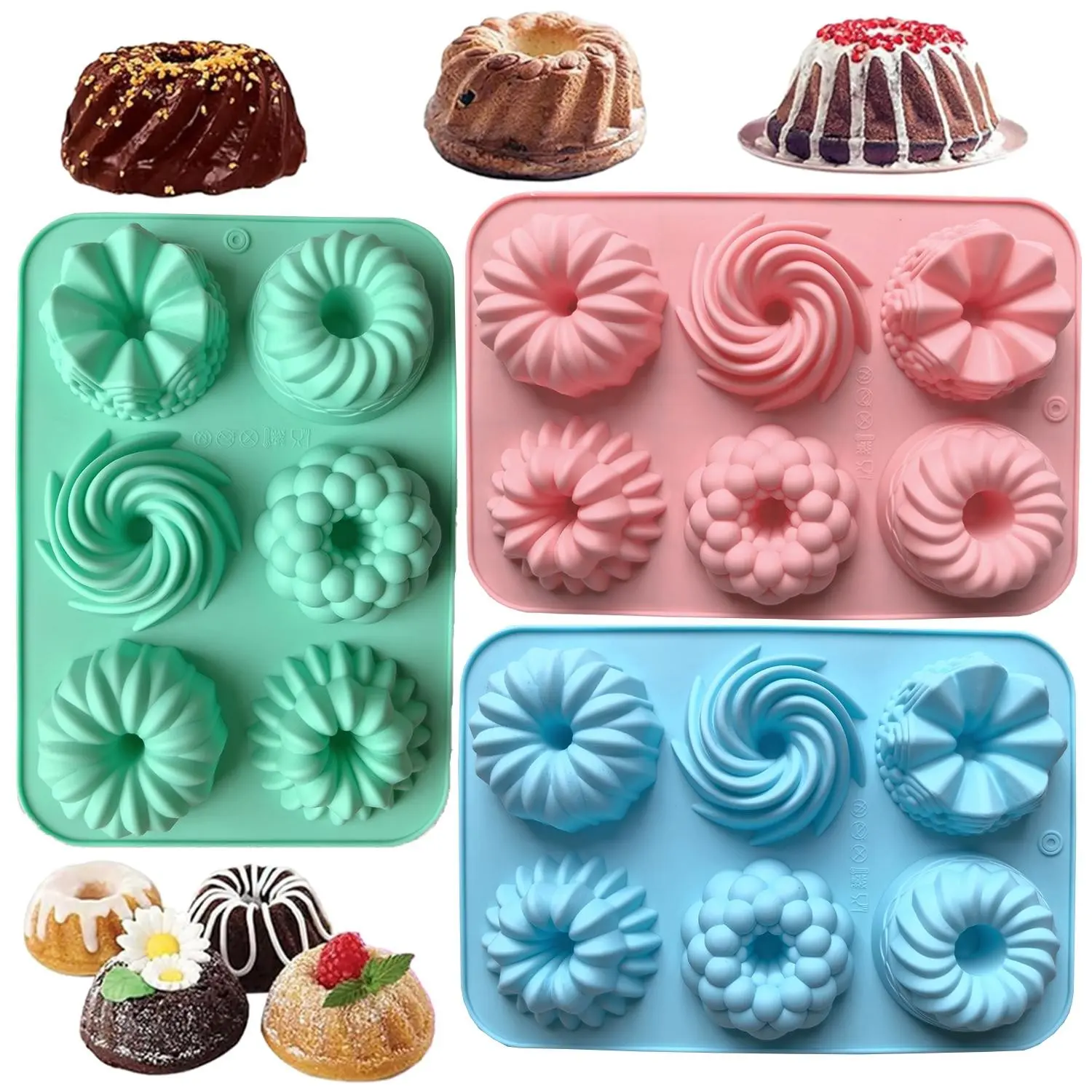 3-Piece Silicone Baking Molds Set, 6-Cavity Flower Swirl Shape Cake & Donut Pans, Perfect for DIY Desserts, Essential Kitchen Tools