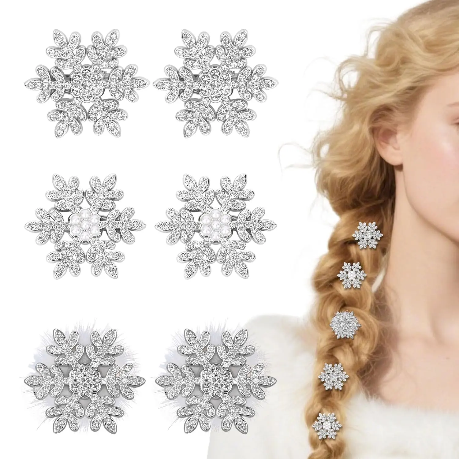 6Pcs Rhinestone Snowflake Hair Clips Christmas Sparkly Metal Alligator Pearl Plush Clips Silver Crystal Hair Barrettes Hairpins for Bride Wedding Winter Accessories for Women