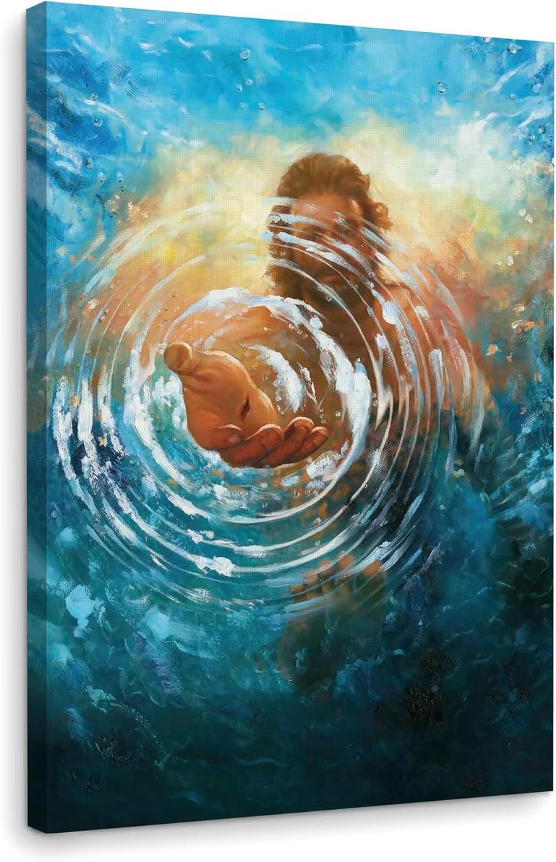 1 Count Framed Jesus Christ Canvas Wall Art The Hand of God Jesus Reaching Into Water Christian Painting Prints Biblical Wall Decor Religious Room Decor for Church Prayer Room Schools Hospitals 16x24inch