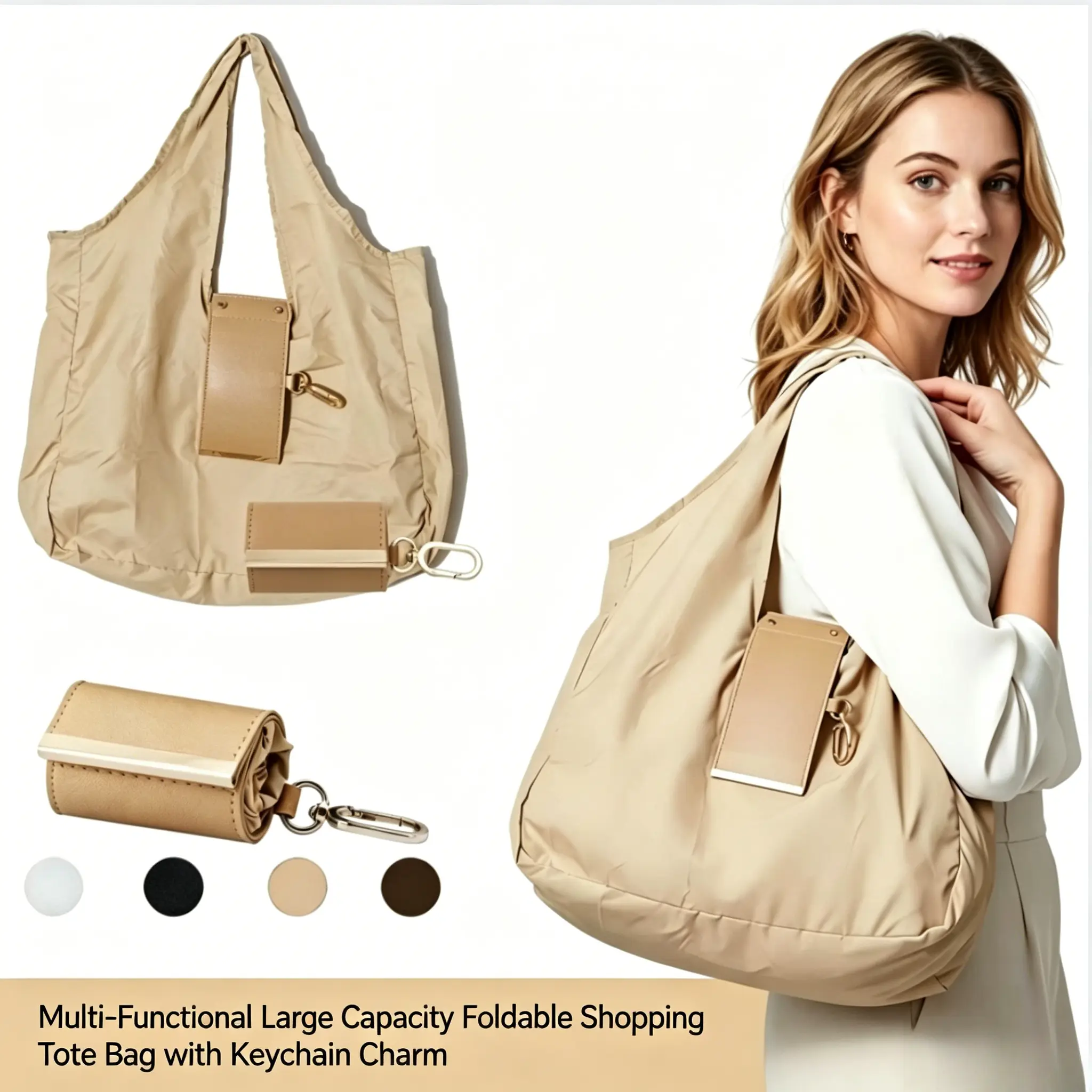 Eco-Friendly Nylon Foldable Shopping Bag with Keychain - Lightweight, High-Capacity Reusable Solid Black Fabric Tote, Handy Grocery Shopping Accessory, Hangable Unisex Adult Travel Item to Reduce Plastic Waste, Handy Daily Accessory, Large, Multi-Function