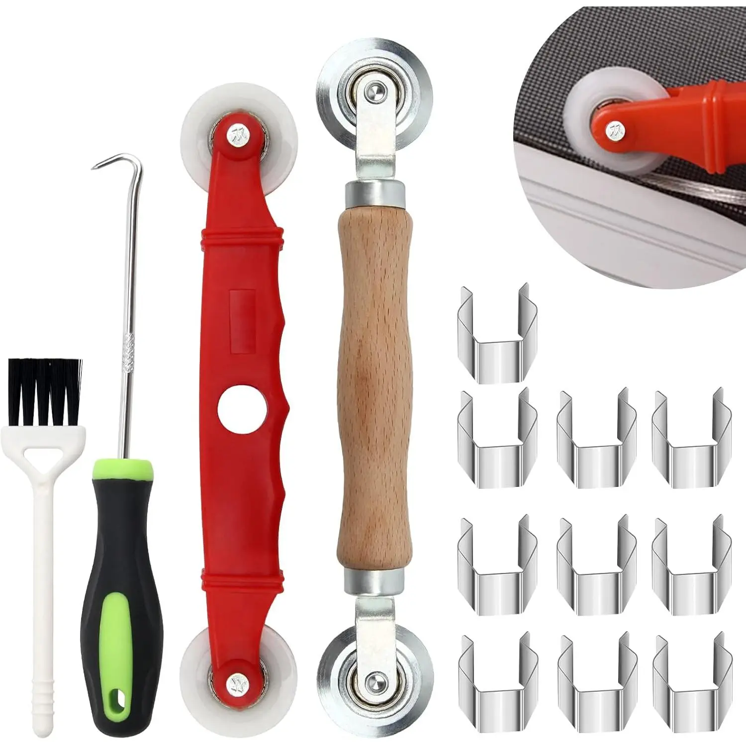 14 count Screen Repair Kit, Screen Repair Spline Tool 2 count Screen Rolling Tool with Bearing Spline Tools/Screen Spline Removal Hook/ Cleaning Brush/ 10 count Screen Installer Clips